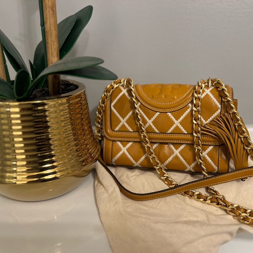 Tory Burch Mustard Quilted Leather Crossbody with Gold Chain